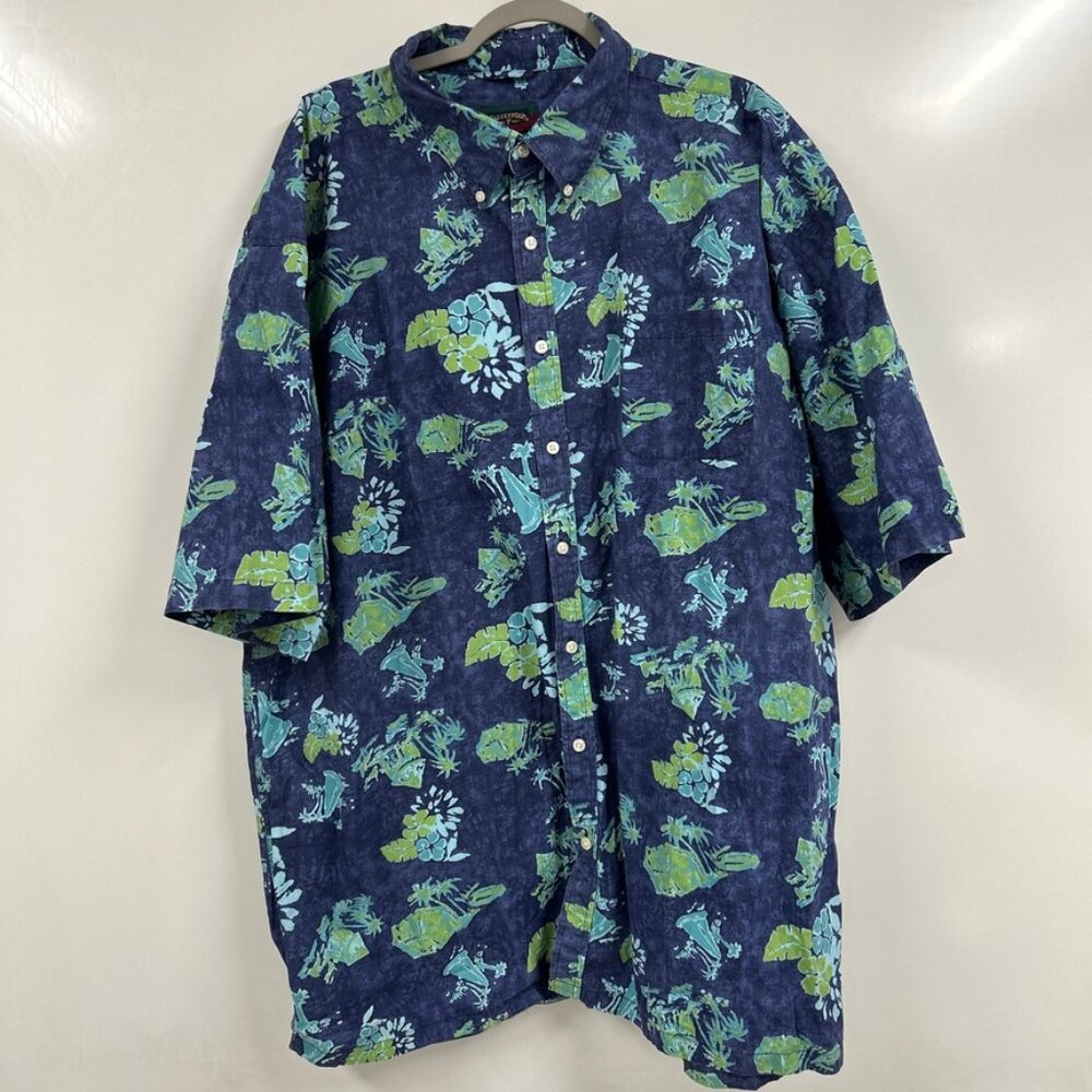 Saddlebred Mens 2X Hawaiian Tropical Button Down Shirt Blue Green Aloha Vacation